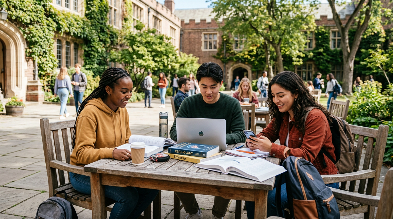Three college friends studying together in a campus courtyard