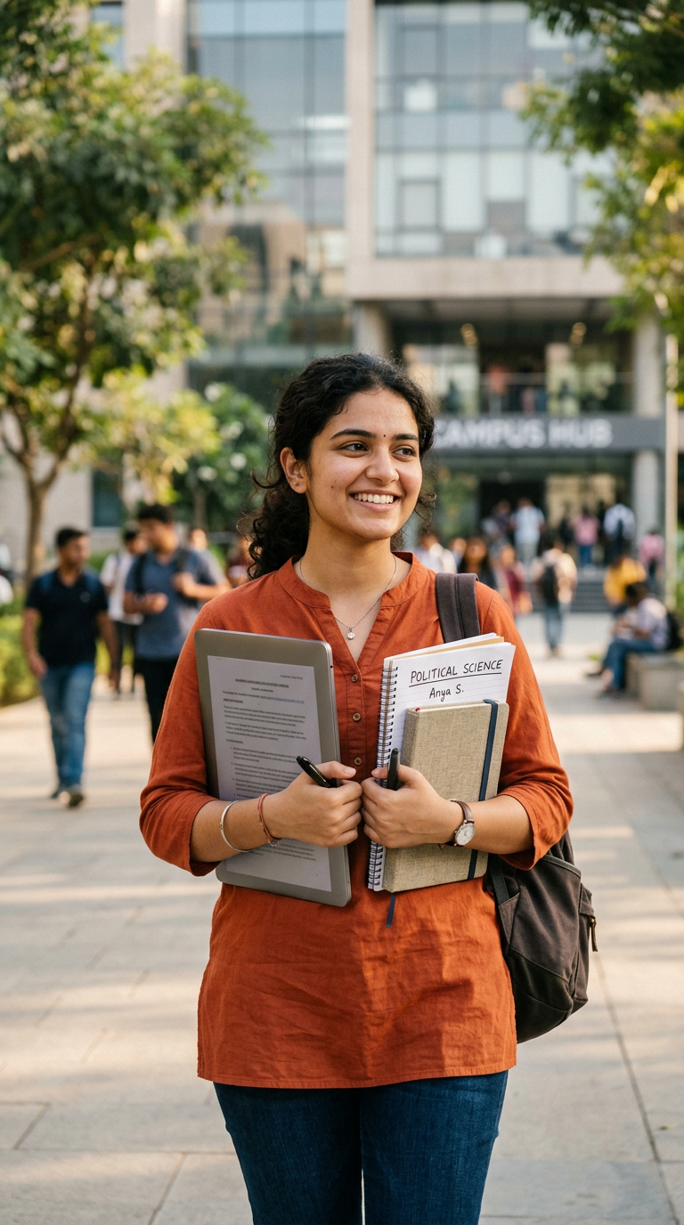 Smiling college student holding a laptop on a campus